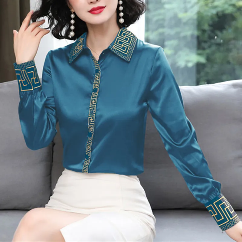 Kvinnors blusar Skjortor Kvinnors skjorta Chiffon Blues för kvinnor Satin Tryckt Polo Neck Woman Blus Button Up Open Stitch Top Female Basic Shirts 230223