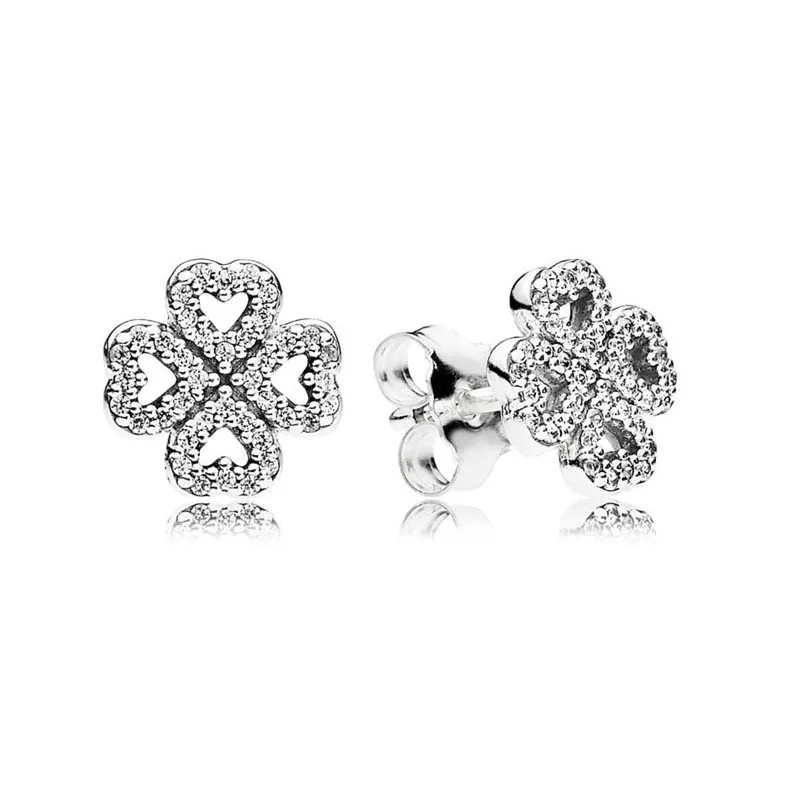 Sparkling CZ Diamond Clover Stud Earrings for Pandora Authentic Sterling Silver Wedding designer Jewelry For Women Girlfriend Gift Earring Set with Original Box