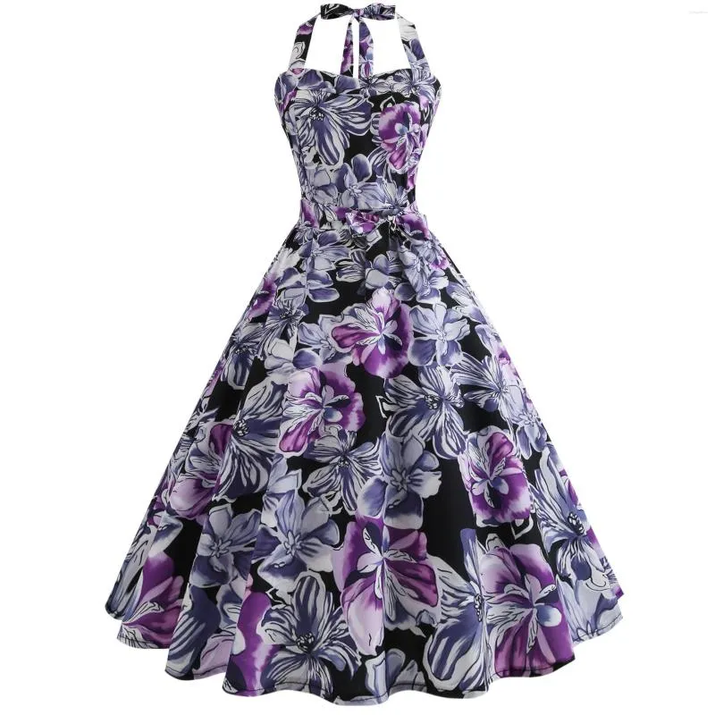 Casual Dresses Floral Print Cotton Women Summer Retro Dress Hepburn 60s Sleeveless High Waist Pin Up Rockabilly Sexy Party Vestidos