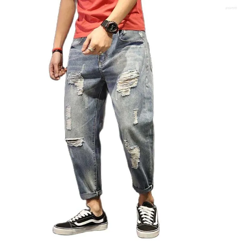 Dżinsy męskie moda Zagrypowani mężczyźni swobodni klasyczni luźne workowate bawełniane dżinsowe spodnie streetwearne dziury
