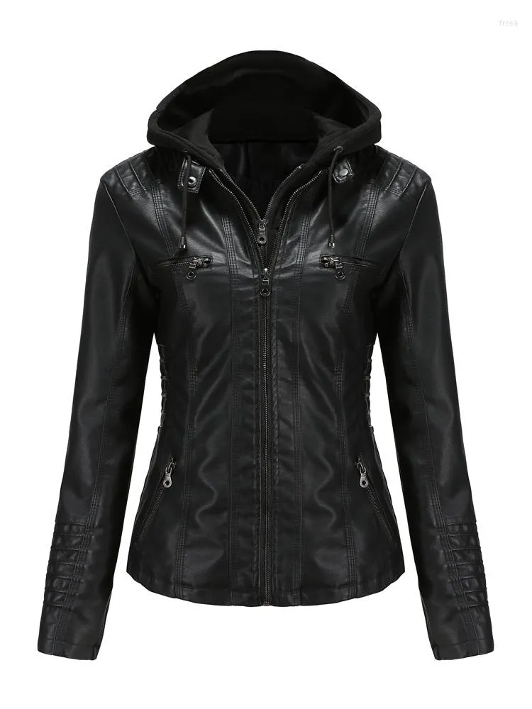 Women's Jackets Removable Hooded Faux Leather Casual Stand Collar Detachable Hood PU Jacket