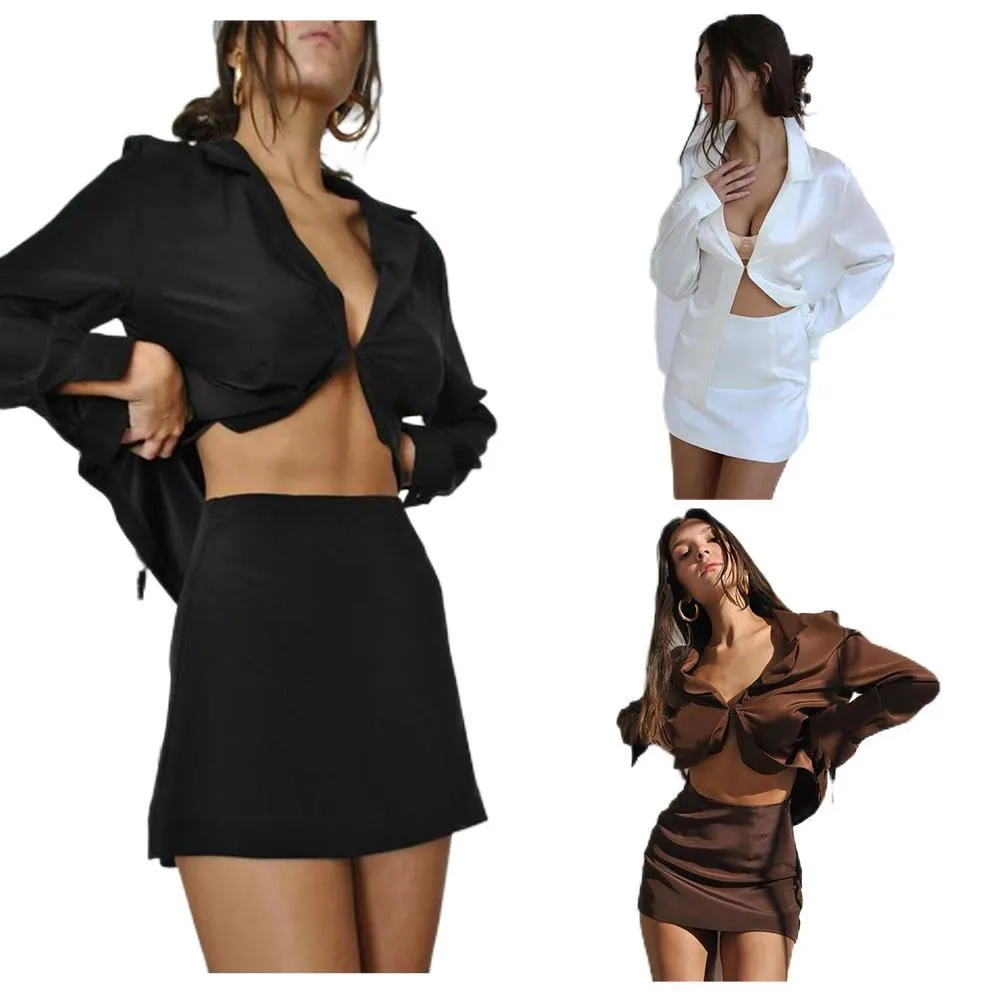 Chemisiers pour femmes chemises de haute qualité en satin de soie col en V chemise à manches longues jupe taille haute 2 pièces ensembles pour les femmes début de l'automne col rabattu haut sexy 230223