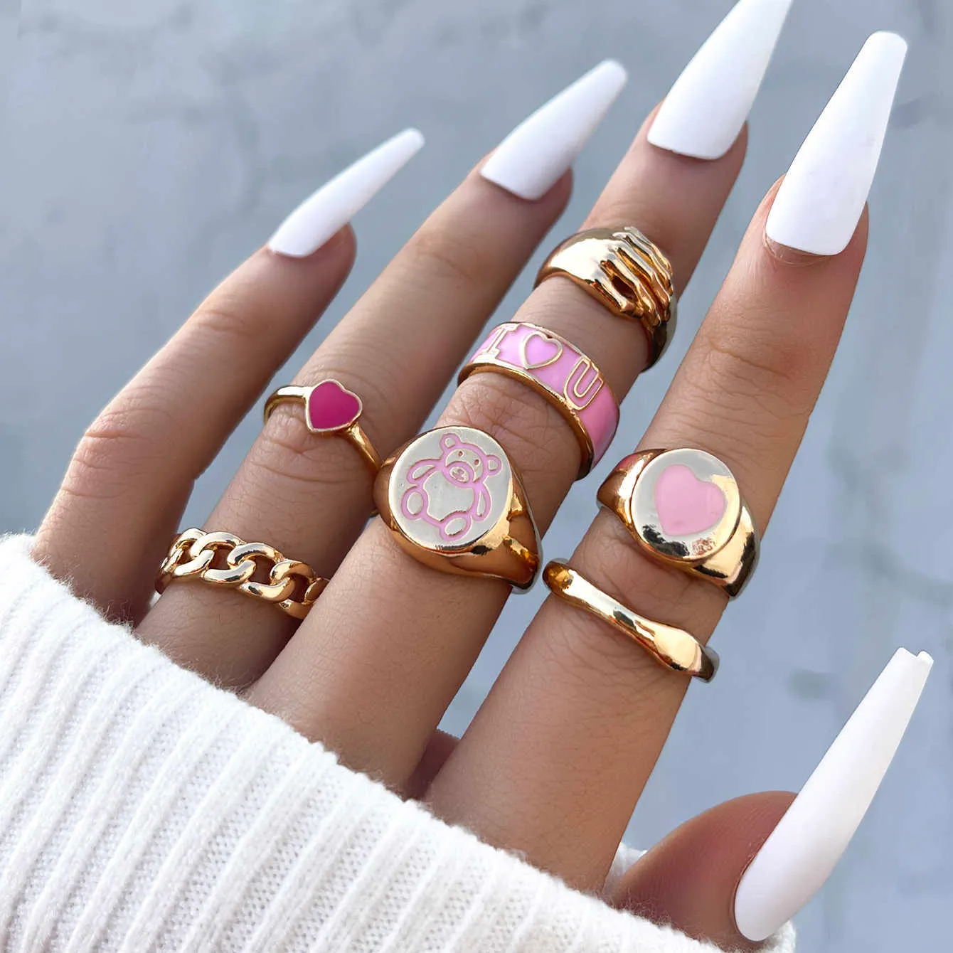Band Rings Aprilwell 7Pcs Kpop Cute Bear Gold Matching Rings for Women Aesthetic Pink Heart E girl Y2k Fashion Jewelry Gifts Anillos Mujer G230213
