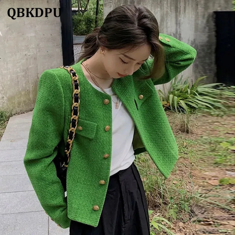 Dames jassen vintage groene tweed bijgesneden jas vrouwen lente herfst Koreaanse mode lange mouw knopen casual korte jas elegante chaquetas 230223