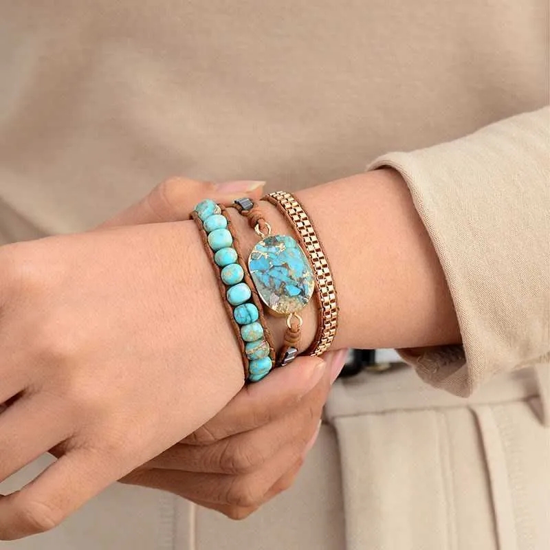 Link Chain ZG Bracelet for Women Bohemian Wind-cut Corner Turquoise Ornaments Three-layer Winding Hand-woven Leather String Female Bracelet G230222