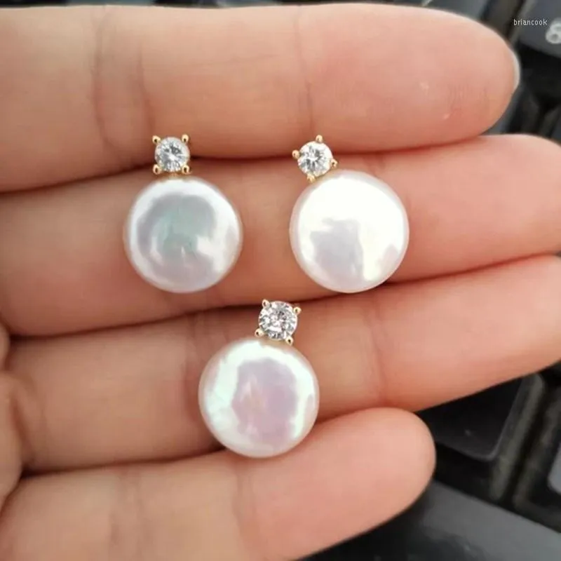 Stud Earrings One Pair FRESHWATER PEARL &s925 Coin White 12-13mm Wholesale Beads Nature FPPJ