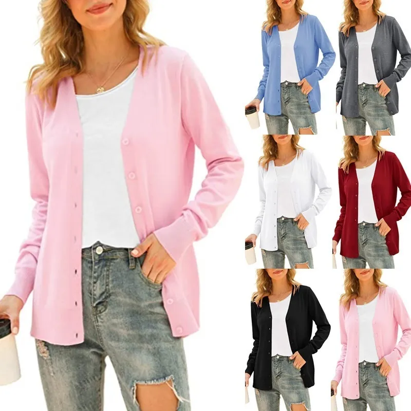 Women's Blouses Shirts Spring and Autumn Women Fashion Solid Color Long Sleeve Button pink coat S3XL Versatile Sunscreen Cardigan Jacket 230223