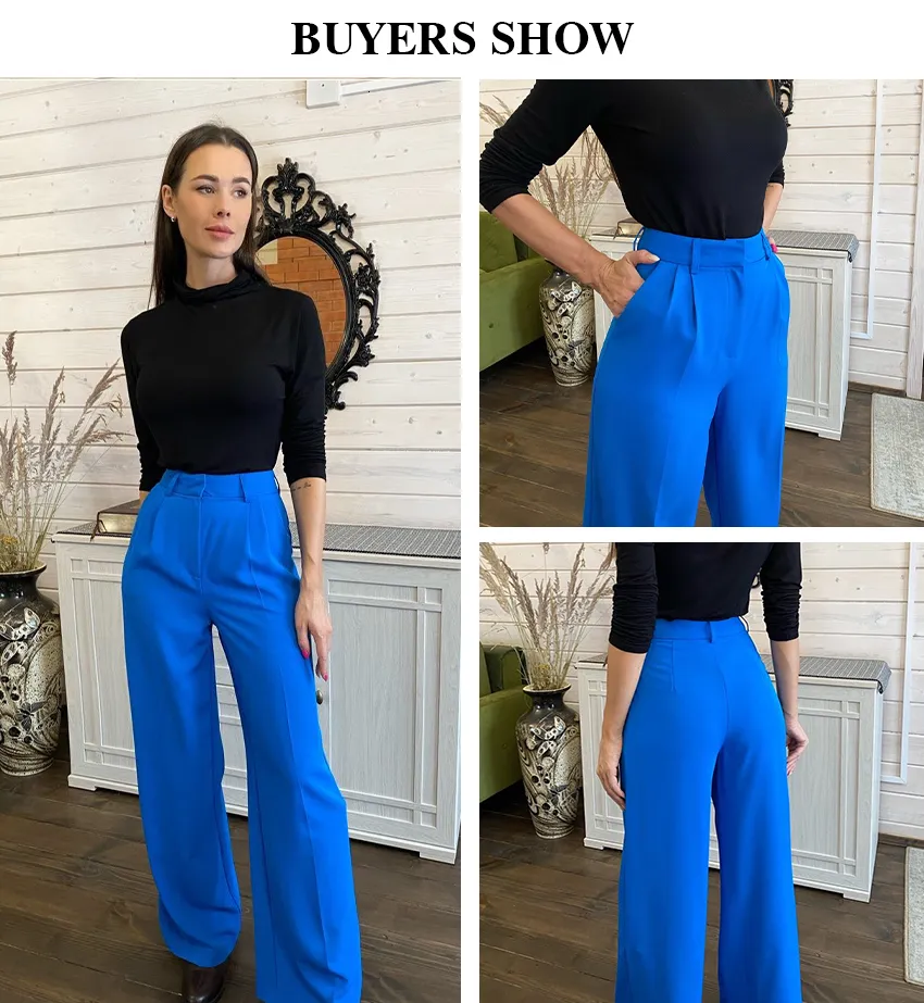 Blue Office Women's Pants Fashion Loose Full Length Ladies