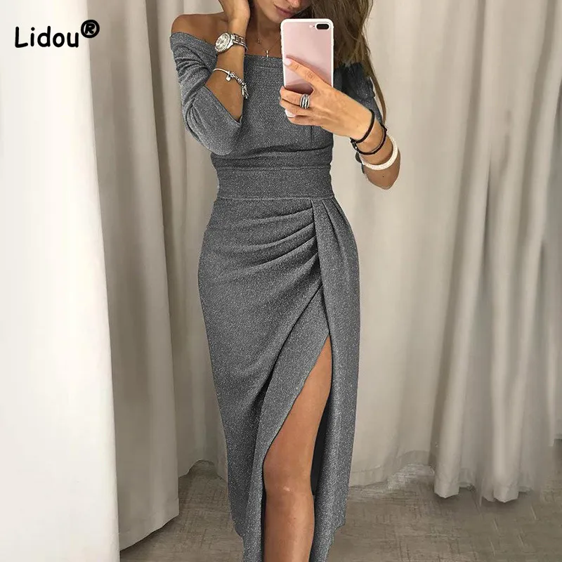 Casual Dresses Spring Summer Club Sexy One Word Collar Highlights Split Pleated Long Sleeve Long Skirt Prom Dresses Elegant Robe Women 230223