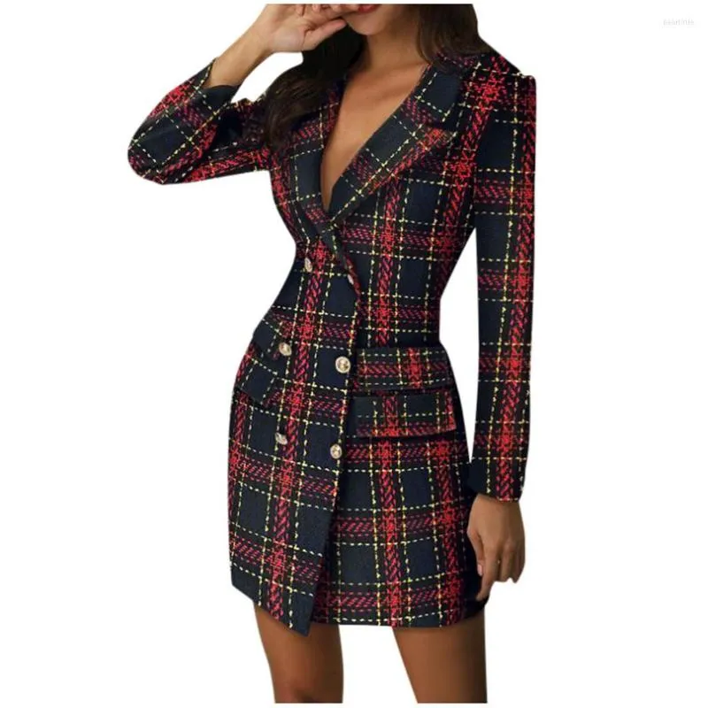 Casual jurken kantoor dames checked jas blazer jurk vintage geruite afdrukwerk werkpak feest herfst dubbele borsten knop gewaad