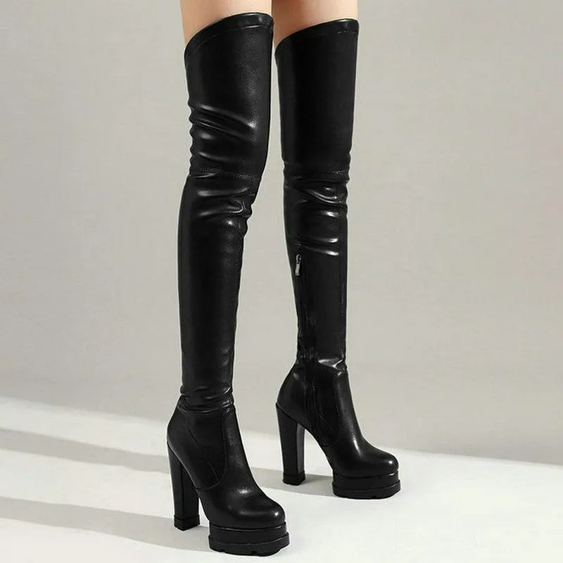 Bottes 2023 femmes sur le genou plate-forme carrée talon haut dames cuisse Faux daim fermeture éclair latérale bout rond femmes noir