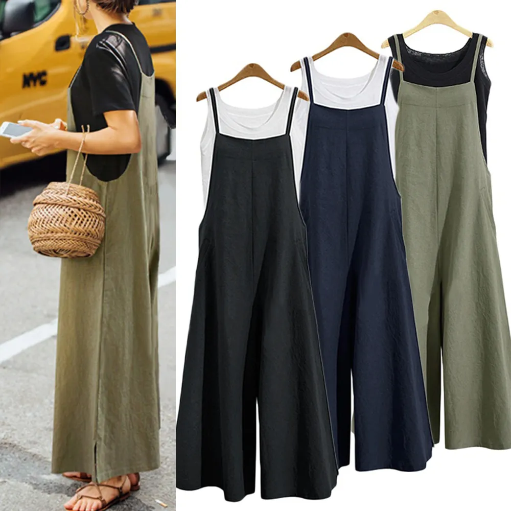 Women's Jumpsuits Rompers Casual Loose Jumpsuit Women Summer Solid Cotton Linen Straps Wide Leg Pants Dungaree Bib Overalls Sleeveless Oversized Jumpsuits 230223