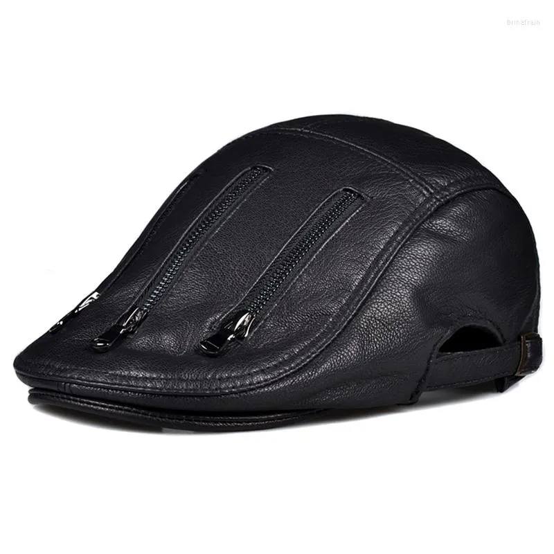 Berets 2023 Design Men's Genuine Leather Beret Cabbie Cap Cap Hat Boy Male Black Brown Color Caps 45 ٪ OFF