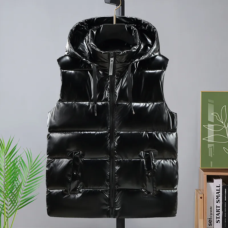 Herenvesten 3644 oppervlak glanzende zwart grijze vest mannen met capual casual warme dikke heren jas ritssluiting bovenkleding herfst winter 230223