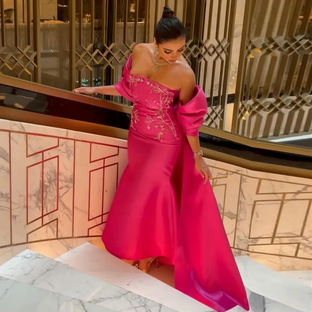 Hot Pink Mermaid Dubai Luxury Prom Evening Dress with Cape Shawl 2023 Arabic Women Long Evening Formal Gala Party Gowns Robe De Soiree Vestidos Feast
