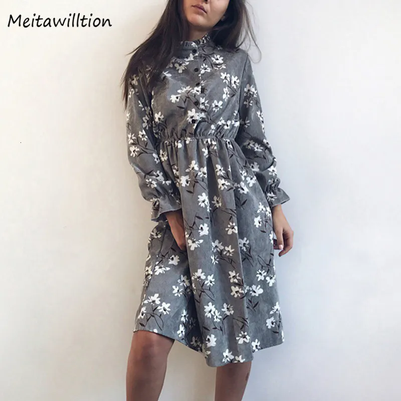 Abiti casual Autunno Inverno Donne vellutoy Vintage Long Long High Elastic Waist Party Casaul Floral Stamping Vestido 230223