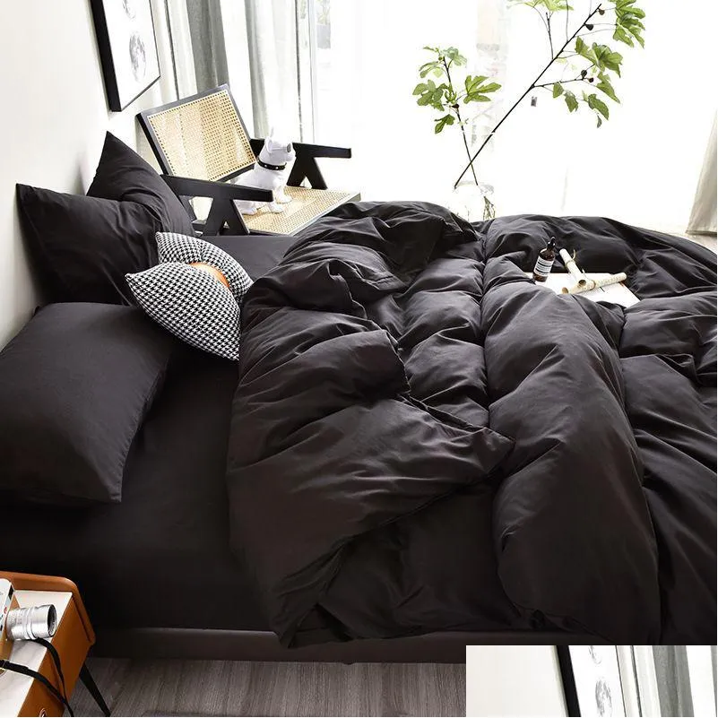 Conjuntos de ropa de cama Edredón de color sólido coreano Er Black Housse De Couette Queenking Size Edredón Ers 220X240 Cama teñida lisa de alta calidad D Dhqo1