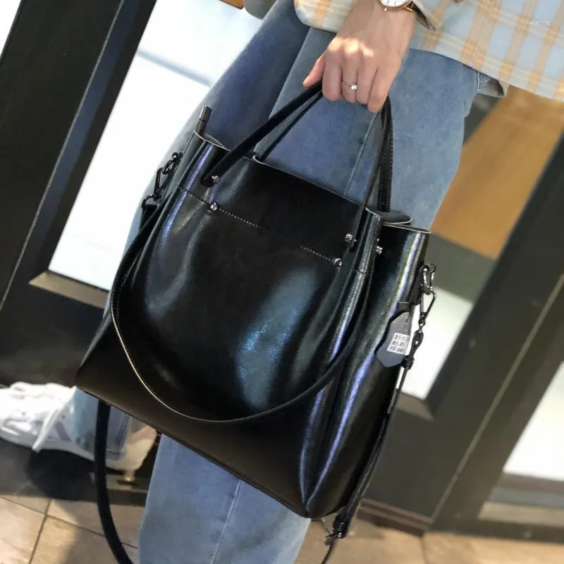 Kvällspåsar damer mode läder hink väska äkta kohud axel crossbody stor kapacitet messenger