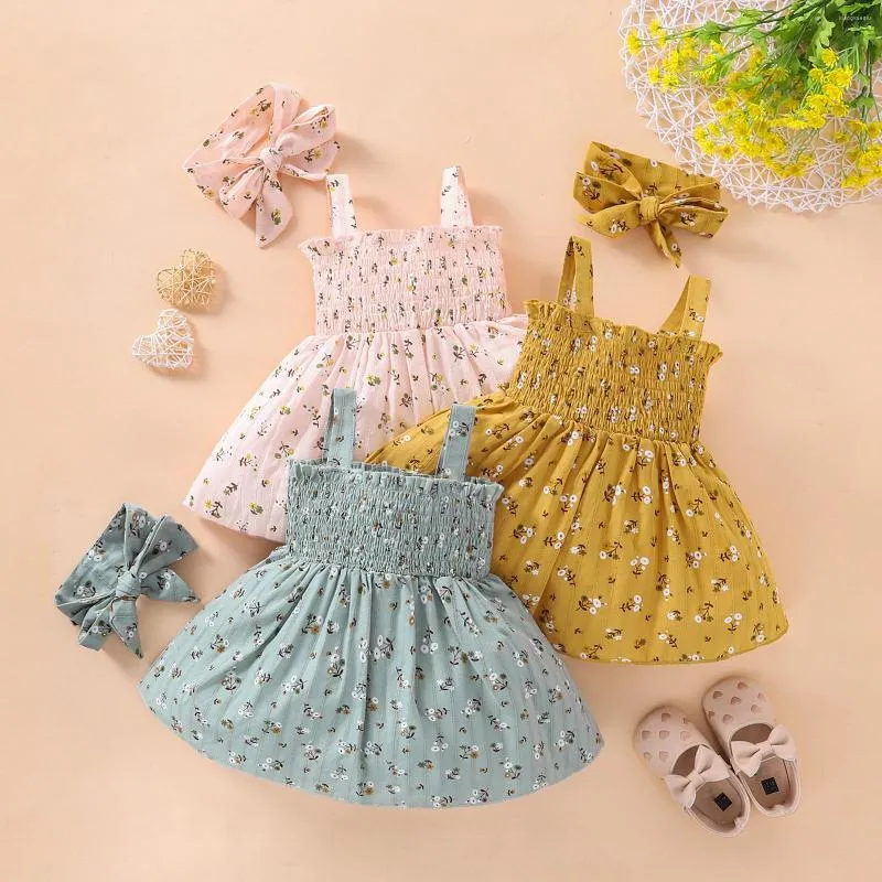 Vestidos de menina infantil bebê meninas vestido com faixa de cabeça adorável 2 peças roupas de verão roupas de criança estampado floral sem mangas alça