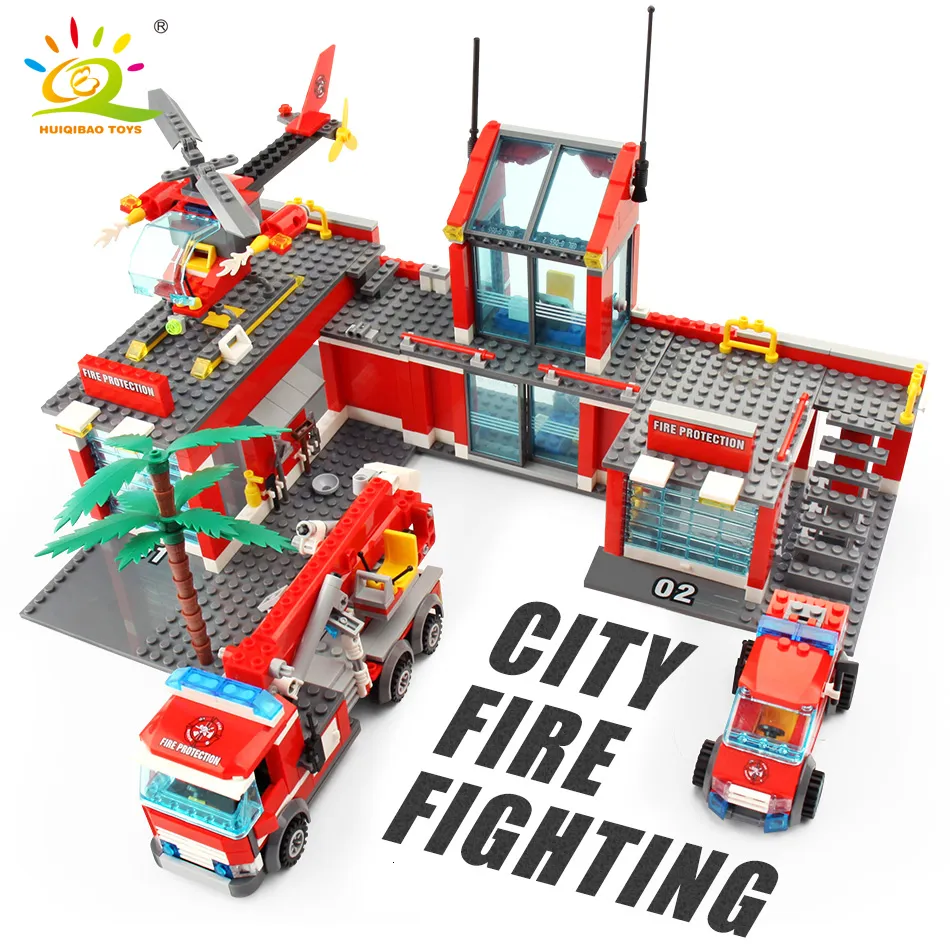 Blokkeert Huiqibao 774pcs Fire Station Model Building Truck Helicopter Firefighter Bricks City Educatief speelgoed voor kinderen Geschenk 230222