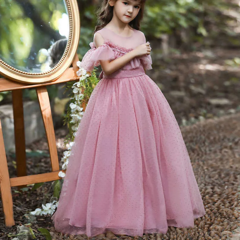 Vestidos de menina meninas elegantes Tule Long Tulle Lace Princess Dresses Teenager Slash Neck Mesh Mesh Party Dress Filoso Color Solid Wedding Clothing Z0223