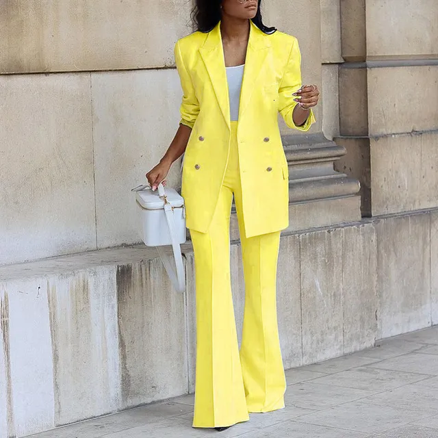 Autumn Solid Color Womens Yellow Suit Set With Wide Leg Trousers