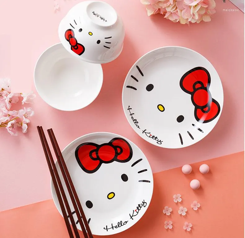 Bowls 4pcs Kitty Ceramics Bowl Dish Breakfast Korean Soup Dessert Children Tableware Kitchen Household Dinnerware