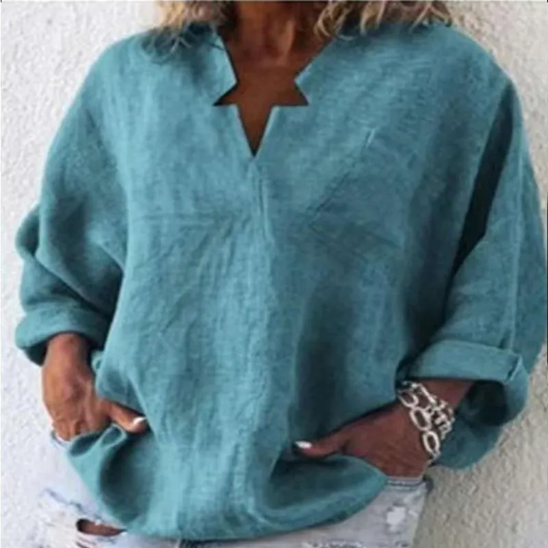 Women's Blouses Fashion Women's Blouse Cotton Linen Spring Casual V-neck Pullover Pure Color Mid-length Plus Size Long-sleeved Donsignet