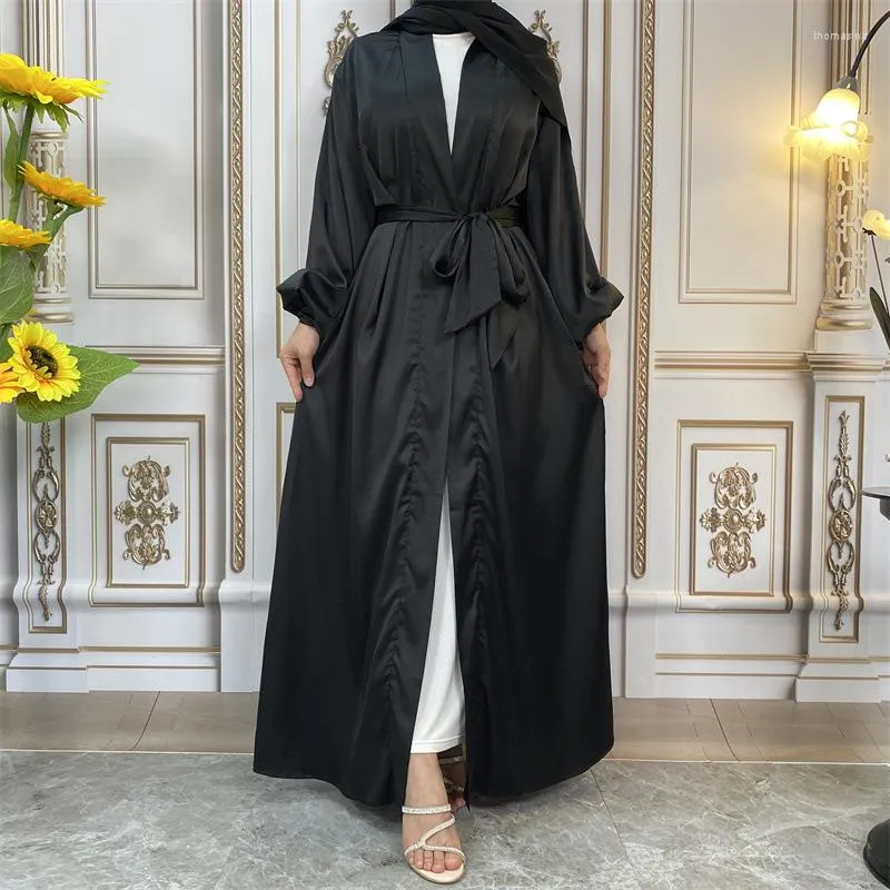 Etniska kläder Satin Open Abaya Dubai Turkiet Kaftan Muslim Cardigan Abayas Dress Women Robe Islamic Kimono Jalabiya Eid Ramadan Caftan