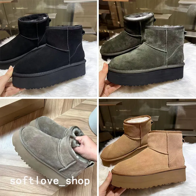 Zapatos de bota con plataforma en U con lazo de Australia para hombre Botas de nieve altas para mujer Piel de oveja suave y cómoda Manténgase abrigado Bota al aire libre de felpa con tarjeta Bolsa para el polvo Hermosos regalos