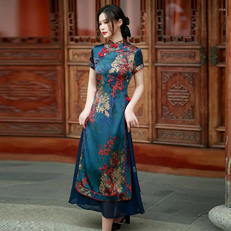 Vêtements ethniques 2023 automne Vietnam Aodai Styles chinois femmes impression florale Vintage longue robe Qipao élégant Cheongsam A90