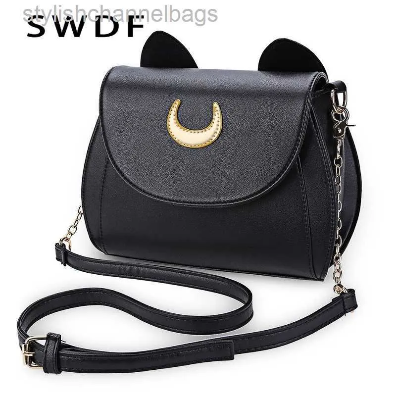 Totes SWDF Zomer Sailor Moon Dames Handtas Zwart Luna Kat Vorm Keten Schoudertas PU Leer Vrouwen Messenger Crossbody Kleine tas 0223/23