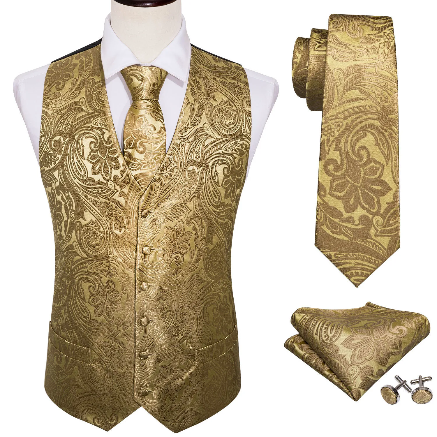 Mens Vests 4pc Silk Party Wedding Gold Paisley Solid Floral Waistcoat Pocket Square Suit Set Barrywang BM 230222