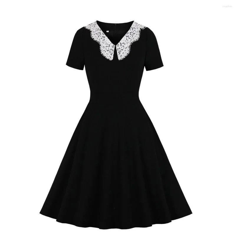 Vestidos casuais Lace vintage Mulheres negras vestido V pescoço de manga curta retro 50s 60s Rockabilly Party Swing