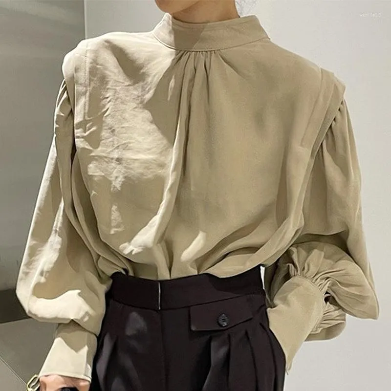 Dames blouses Koreaanse herfst niche retro temperament stand-up kraag rug rug met één borste losse vaste kleur lantaarn mouw shirt blouse