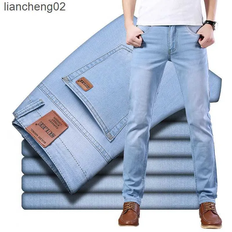 Мужские джинсы 2023 Brand Brand Brand Top Classic Style Men Spring Summer Jeans Business Casual Blue Strate Cotton Denim мужские брюки W0223