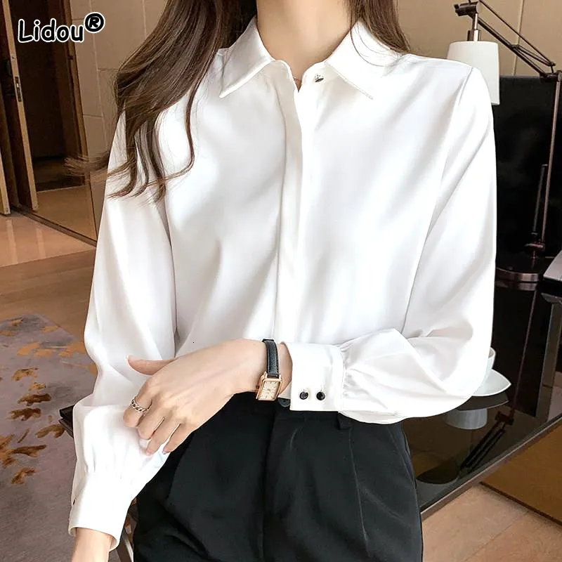Kvinnors blusar skjortor elegant mode koreansk vit lång ärm täckt knapp bekväma blusar raka löst vilda fast färg skjorta kvinnor kläder 230223