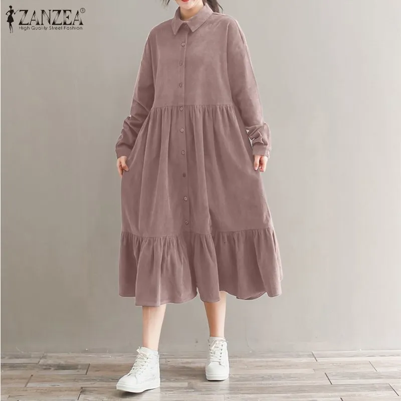 Casual Dresses Vintage Corduroy Shirt Dress Women Sundress ZANZEA Spring Long Sleeve Ruffle Vestidos Female Button Midi Robe 230223