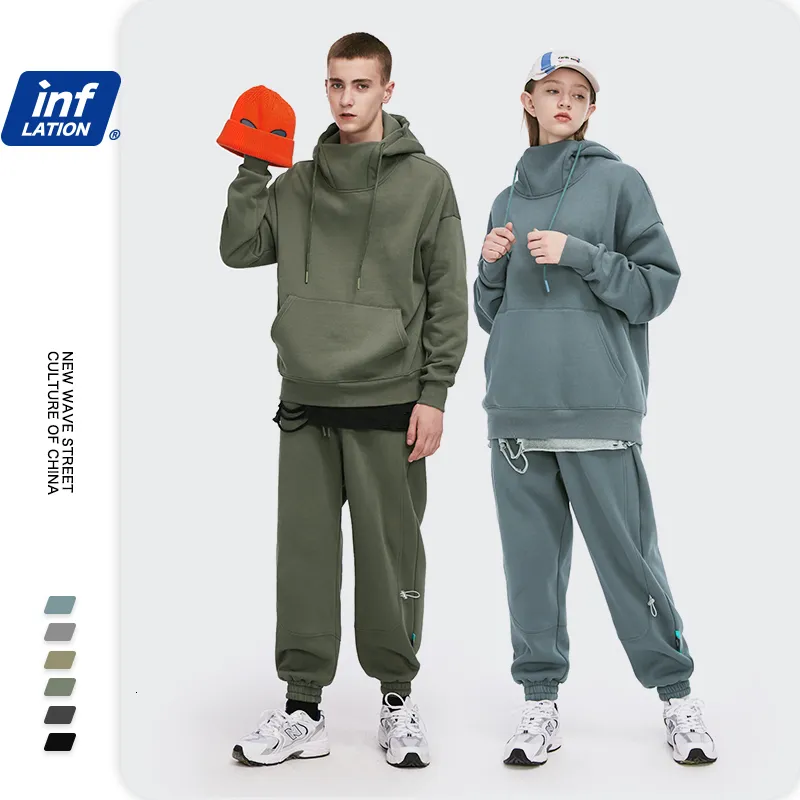 Men's Tracksuits INFLATION Men Thick Fleece Tracksuit Winter Warm Hoodie and Sweatpant Set Unisex High Collar Oversized Jogging Suit 230222
