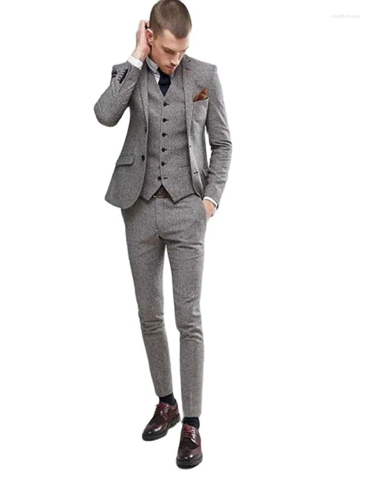 Men's Suits 2023 Tweed Coat Pants Design 3Pcs(Jacket Vest Pants)Men Wedding Slim Fit Blazer Trousers Tuxedo Custom Prom Party Wear