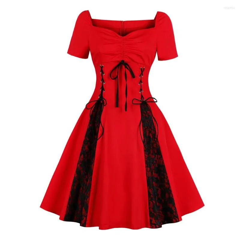 Casual Dresses Plus Size Women Gothic Dress 2023 Fashion Punk Lace Vintage Short Sleeves A-Line Elegent Party S-4XL Vestidos