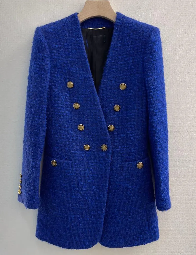 Kvinnans jackor 2023FW Autumn High Quality Women Blue 74% Wool Luxury Coat Female Double Breasted Jacket Ytterkläder DDXGZ2V 11.30