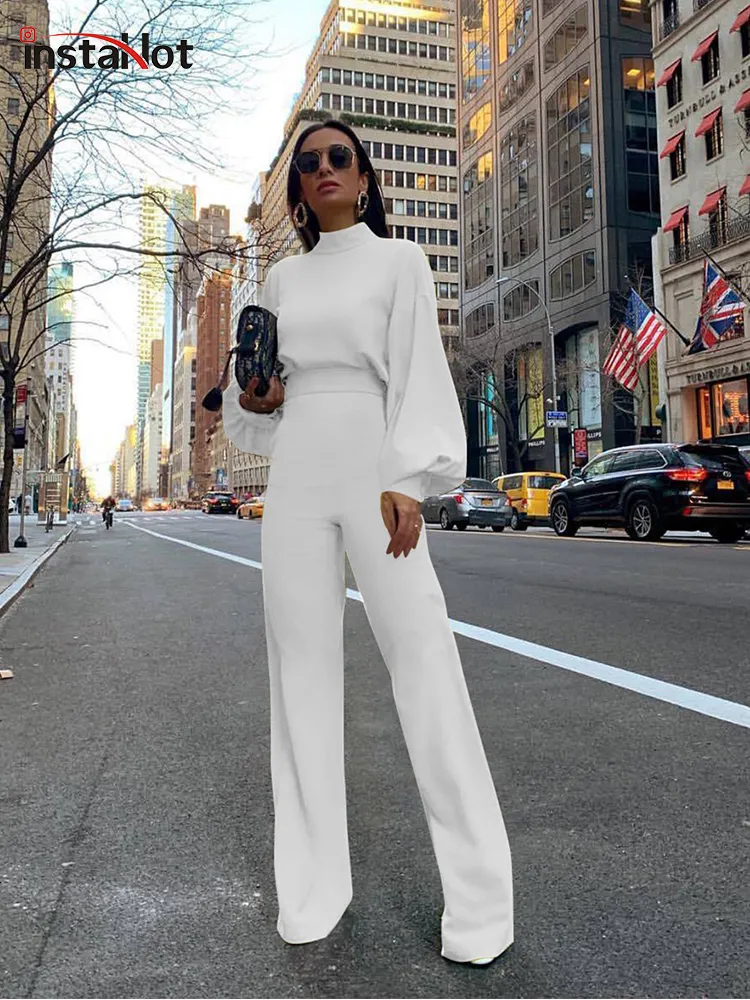 Kobiety Jumpsuits Rompers Insta Puff Eleganckie kombinezony dla kobiet Puff Długie rękawy Spodnie Flare Pole wiosenne biura