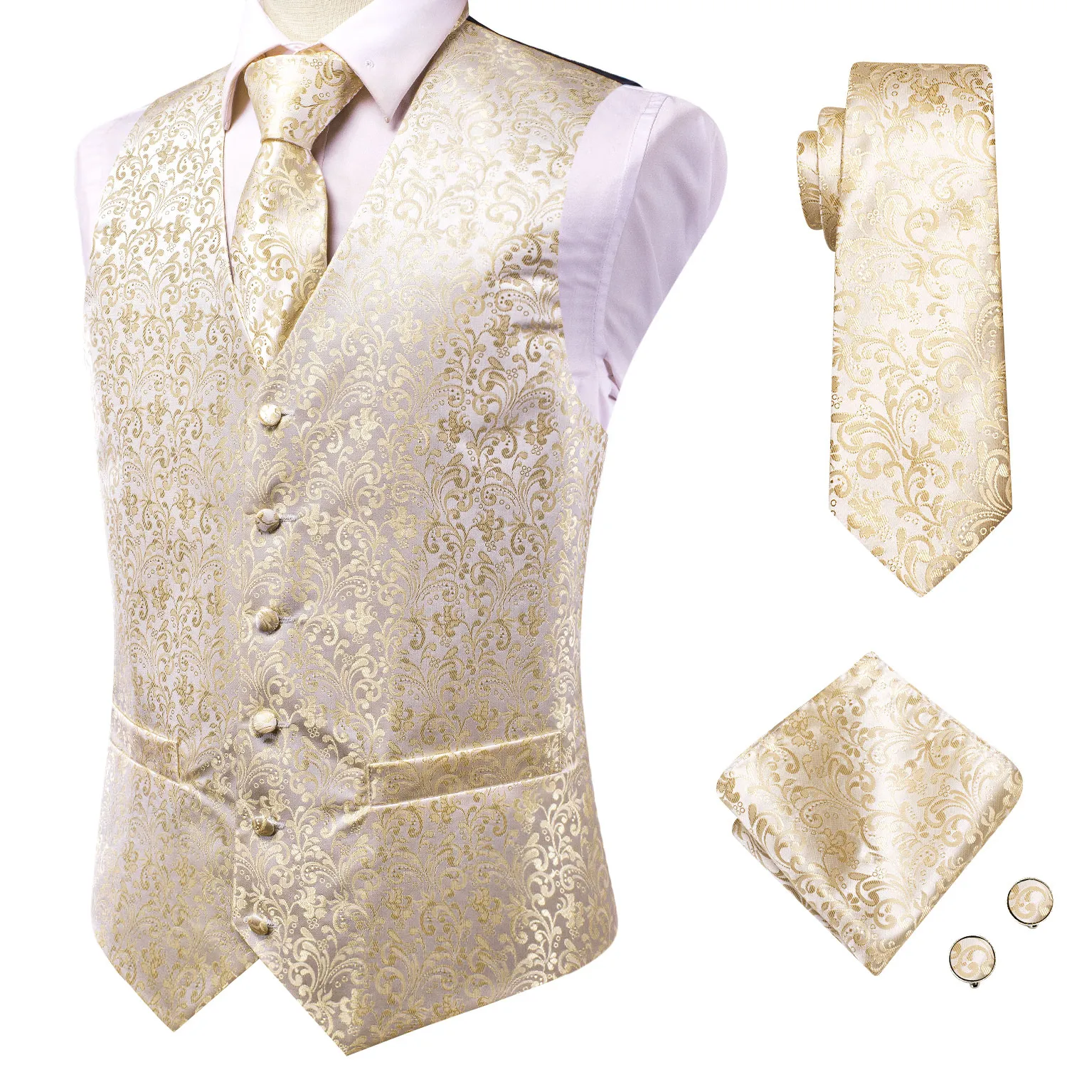 Gilets pour hommes HiTie Silk Champagne Set pour hommes Gold Smart Casual Costume Jaune Gilet pour mariage Business Veste formelle 230222