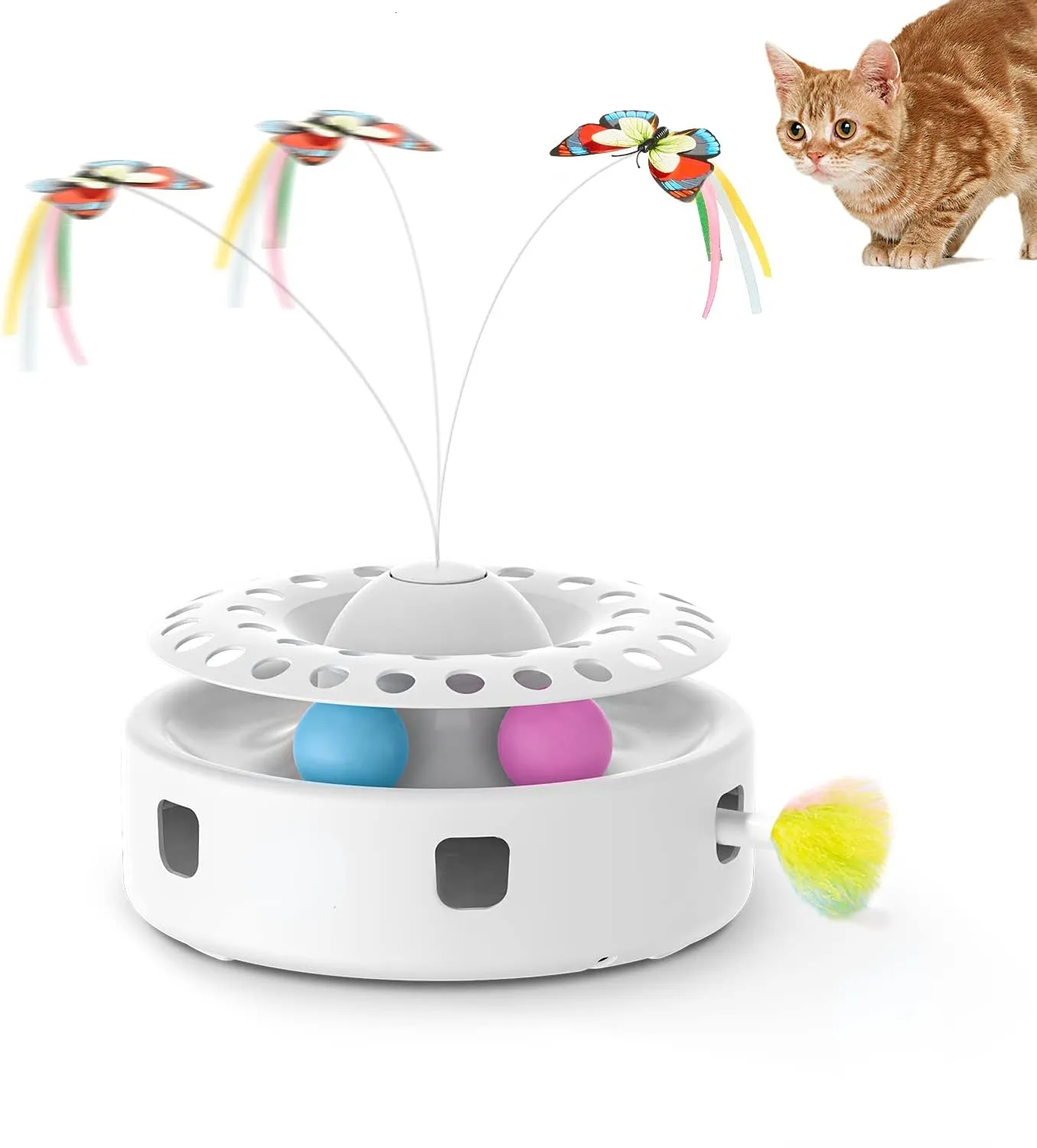 Toys de gato Atuban 3 em 1 Smart Interactive Kitten Toy Fluttering Butterfly Random Moving Ambush Feather Nip Bell Track Balls 230222