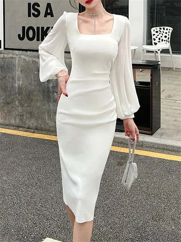 Square Collar Bodycon Dress Spring Party Sheath with Lantern Sleeves  Shop Now! Best Seller