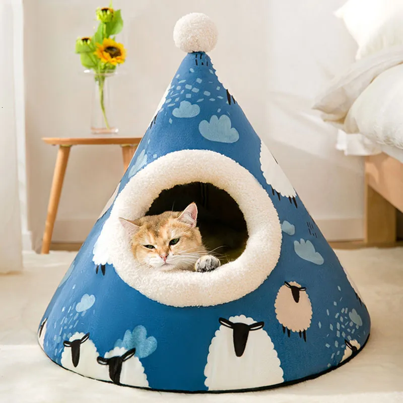 Cat Beds Furniture TLNY House Semi-Closed Pet Washable Supplies Kitten Dog Kennel Warm Puppy Tent 230222