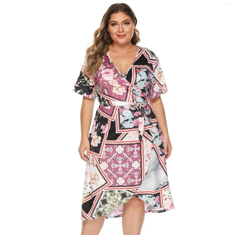 Casual Dresses Plus Size Women Sexy V Neck Party Mini Belt Dress Floral Print En linje Hög midja Boho Beach Elegant Vestidos