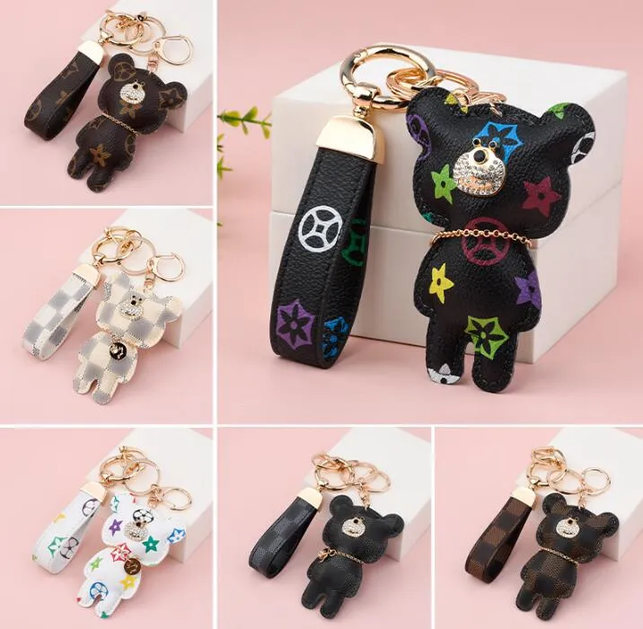 Cute Fashion bear Print Pattern PU leather Key Rings keychains Car Accessories Bag Key Ring Lanyard Key Wallet Chain Rope Chain set