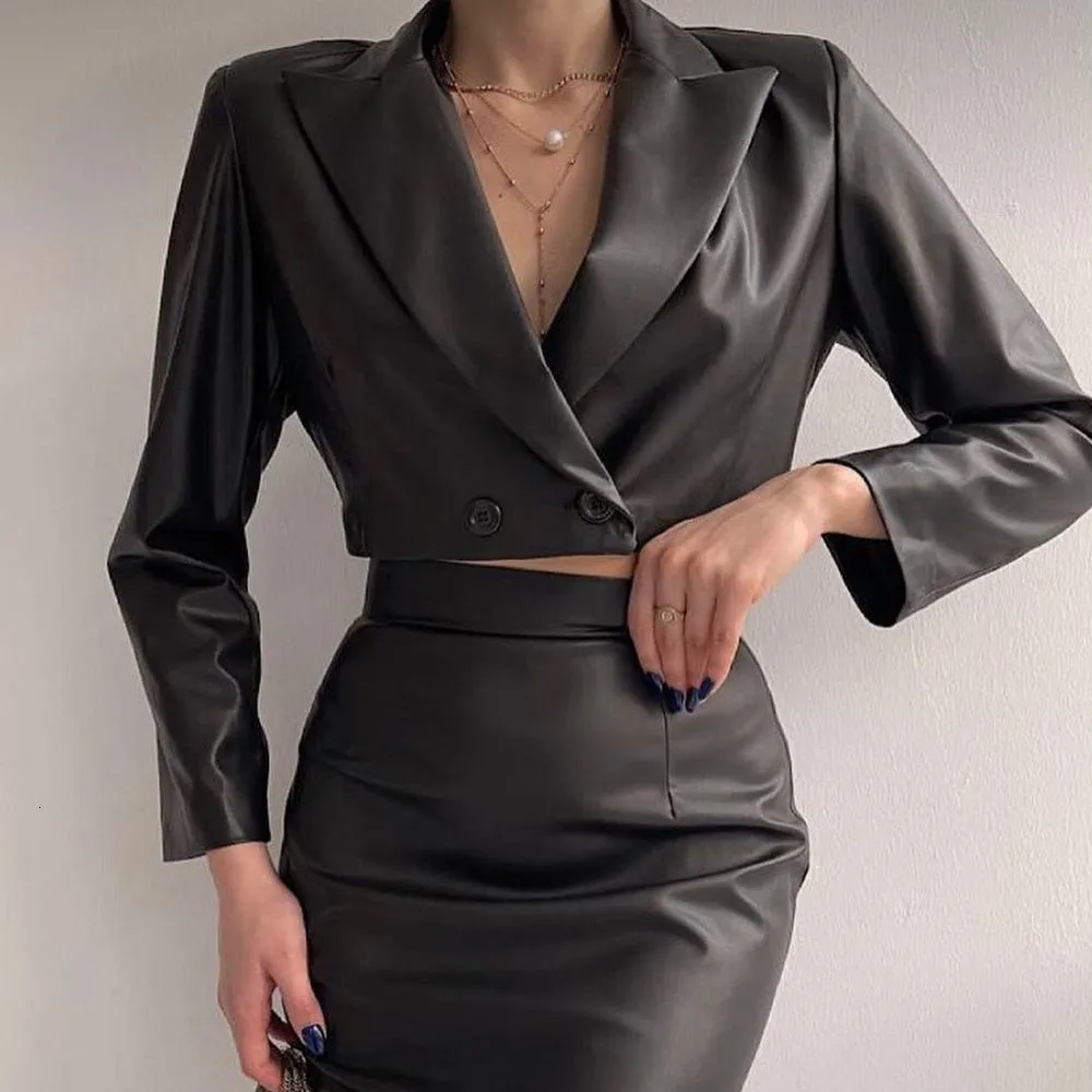 Two Piece Dress Sexy Leather 2 Pieces Women Dresses Double Breasted ed Lapel Tops Mini Skirt Power Custom Made Party Formal 230222
